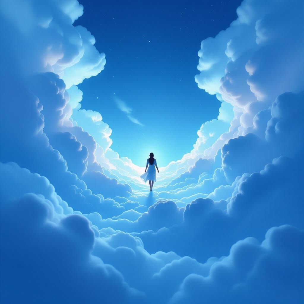Surreal Dreamscape: Person Soaring Through Ethereal Blue Clo...
