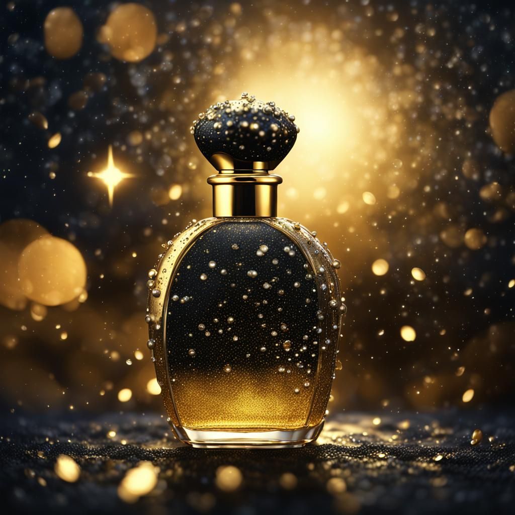 Golden Perfume Bottle with Dewdrops in Fantasy Art
