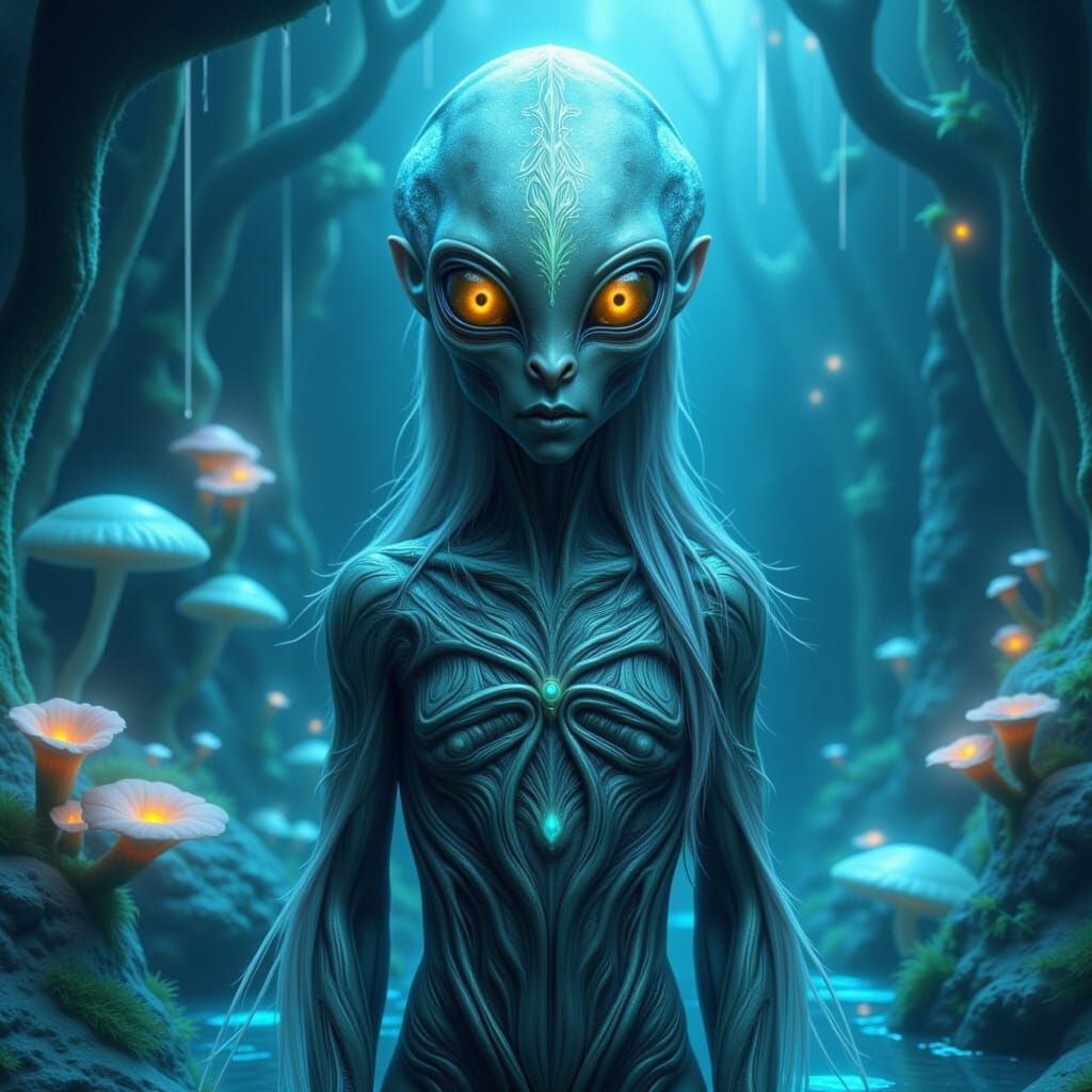 Alien Queen in Bioluminescent Cave, Hyperrealistic Photo