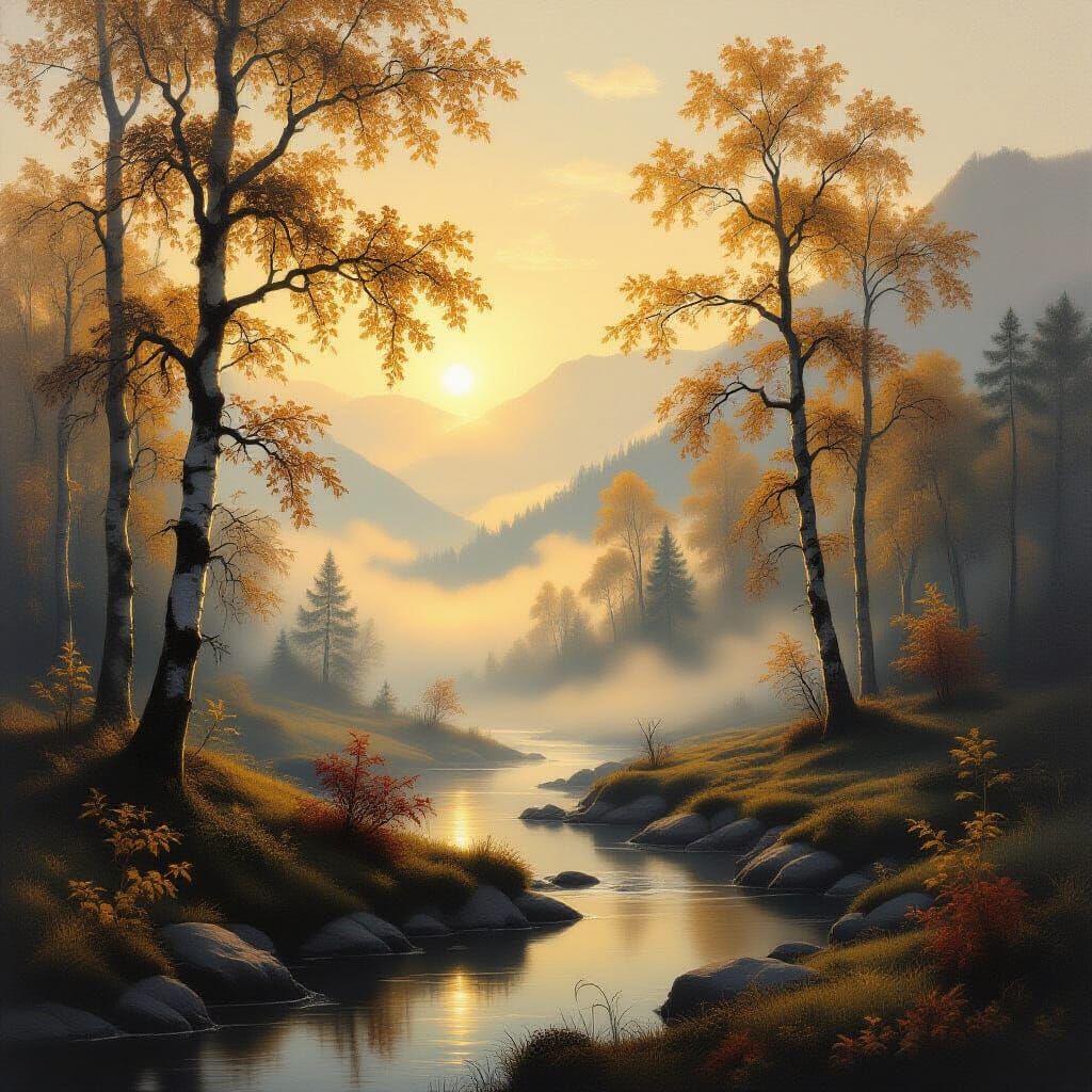 Misty Autumn Landscape with Ethereal Light and Waterfall