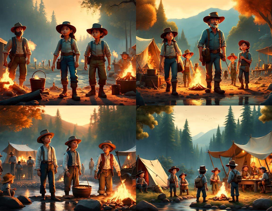 Pixar Style 19th Century Gold Rush Camp Scene