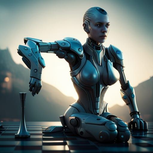 cyborg girl playing chess