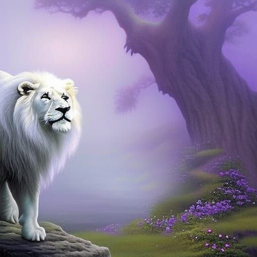 Ethereal White Lion with Purple Eyes