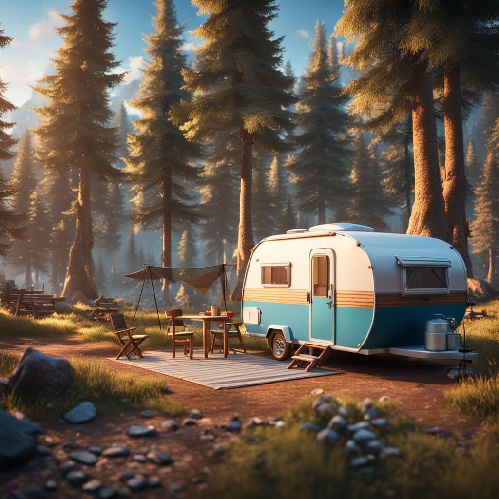 Detailed Camper at Campsite in 3D Game Style
