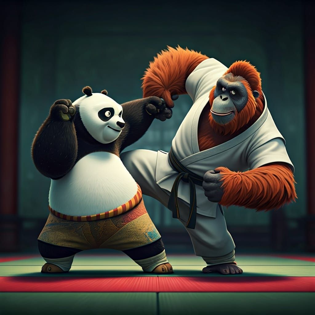 Kung Fu Panda vs Orangutan in Pixar-style 3D Render