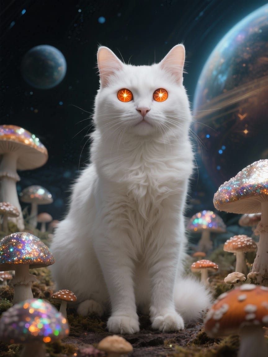Regal White Cat with Cosmic Starry Eyes