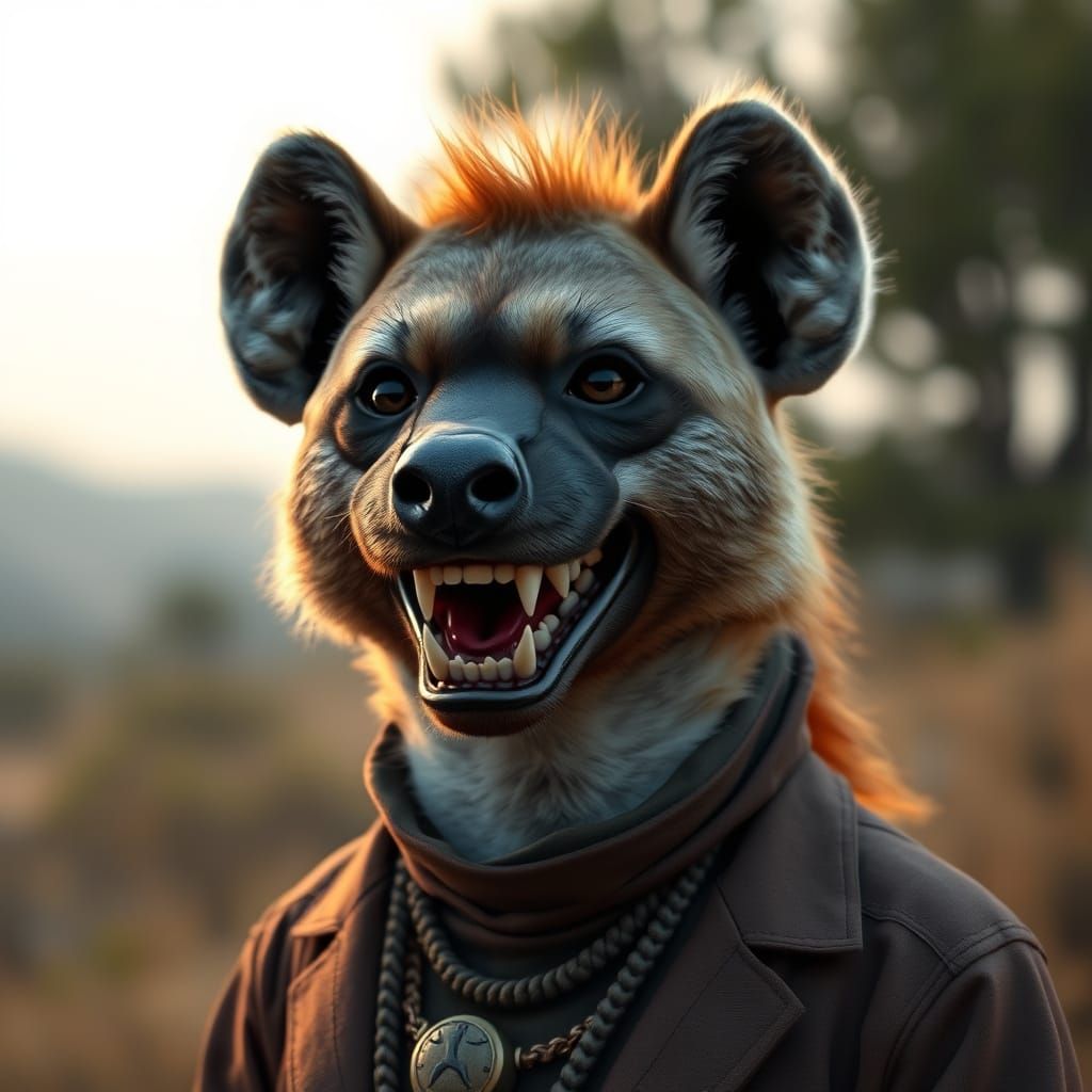 Smiling Hyena in Elegant Outfit, Photorealistic 8k