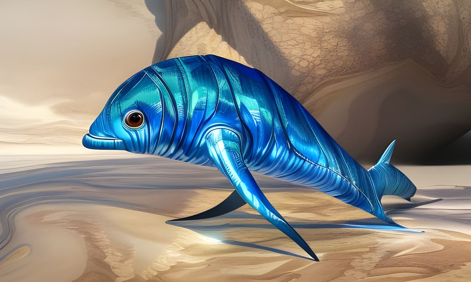 Marbled Blue Origami Dolphin in Ocean, Digital Art