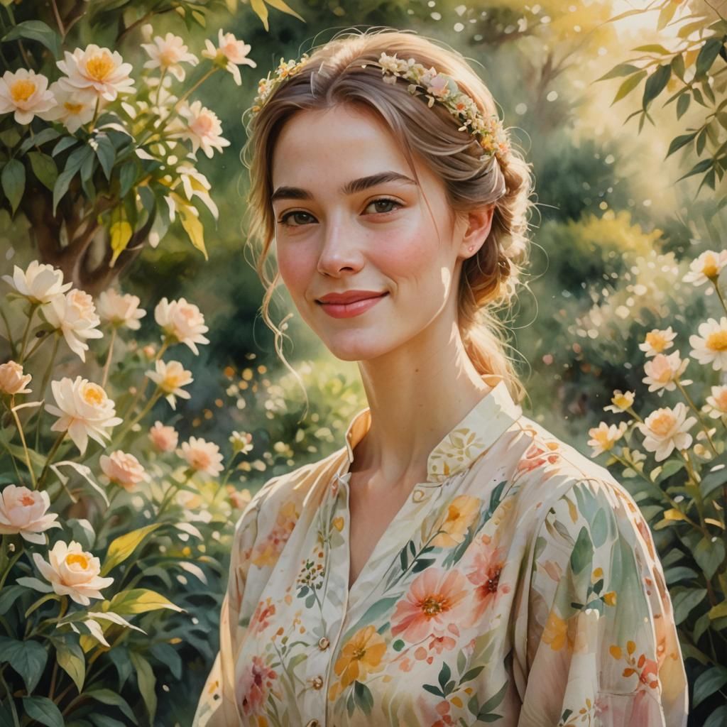 Woman in Garden: Watercolor Portrait with Floral Accents
