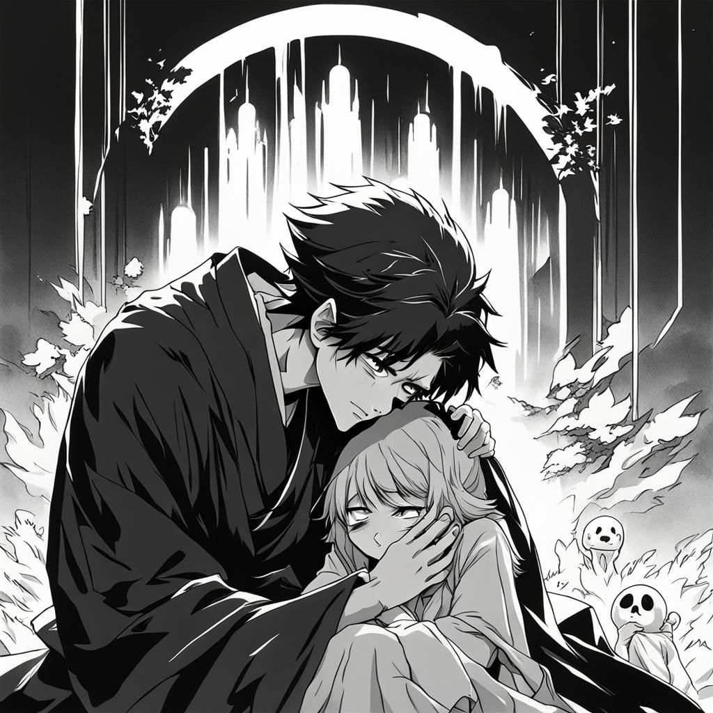 Monochrome Boy Comforted by Mother's Ghost in Anime Art