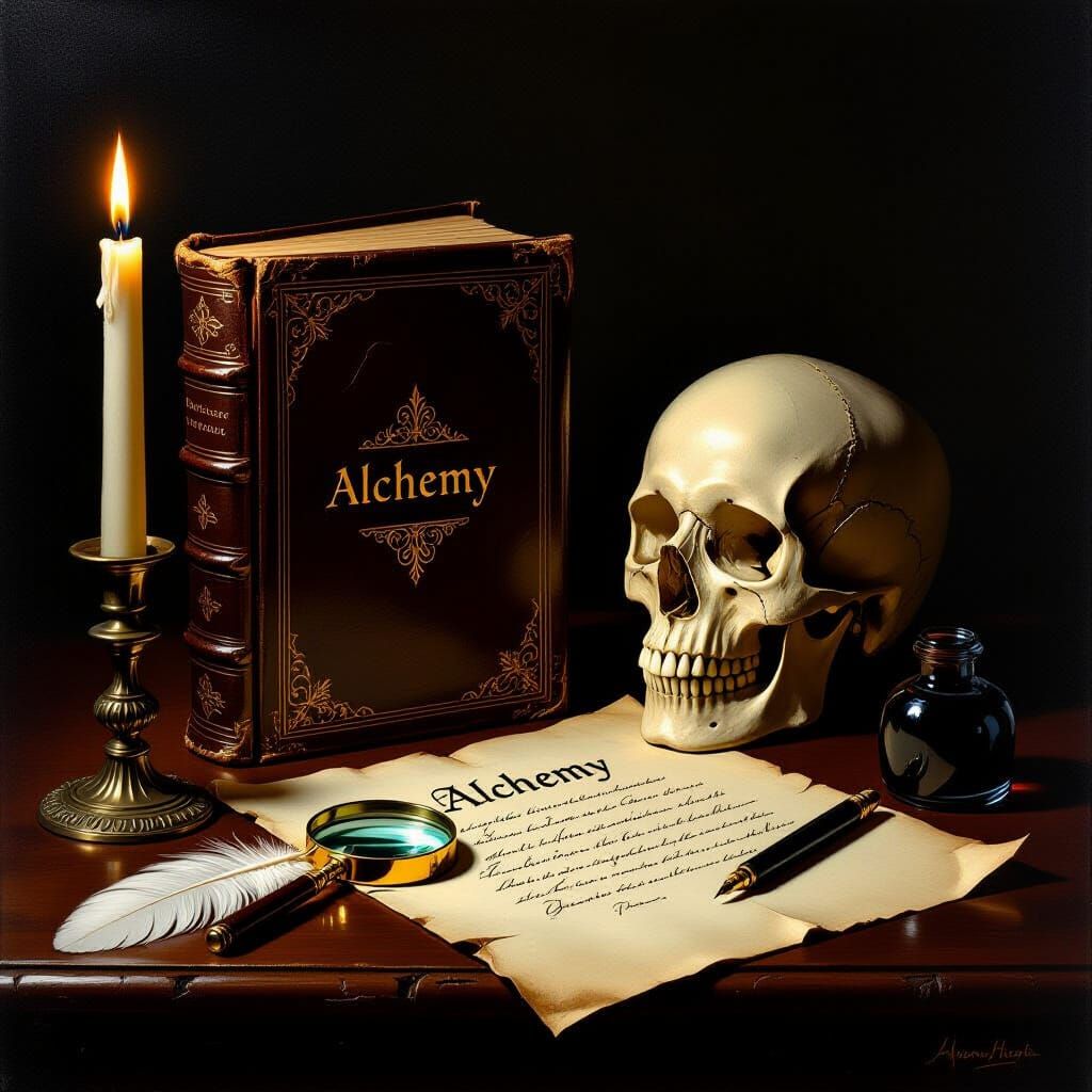 Alchemy Book & Skull on Desk, Oil Painting Style