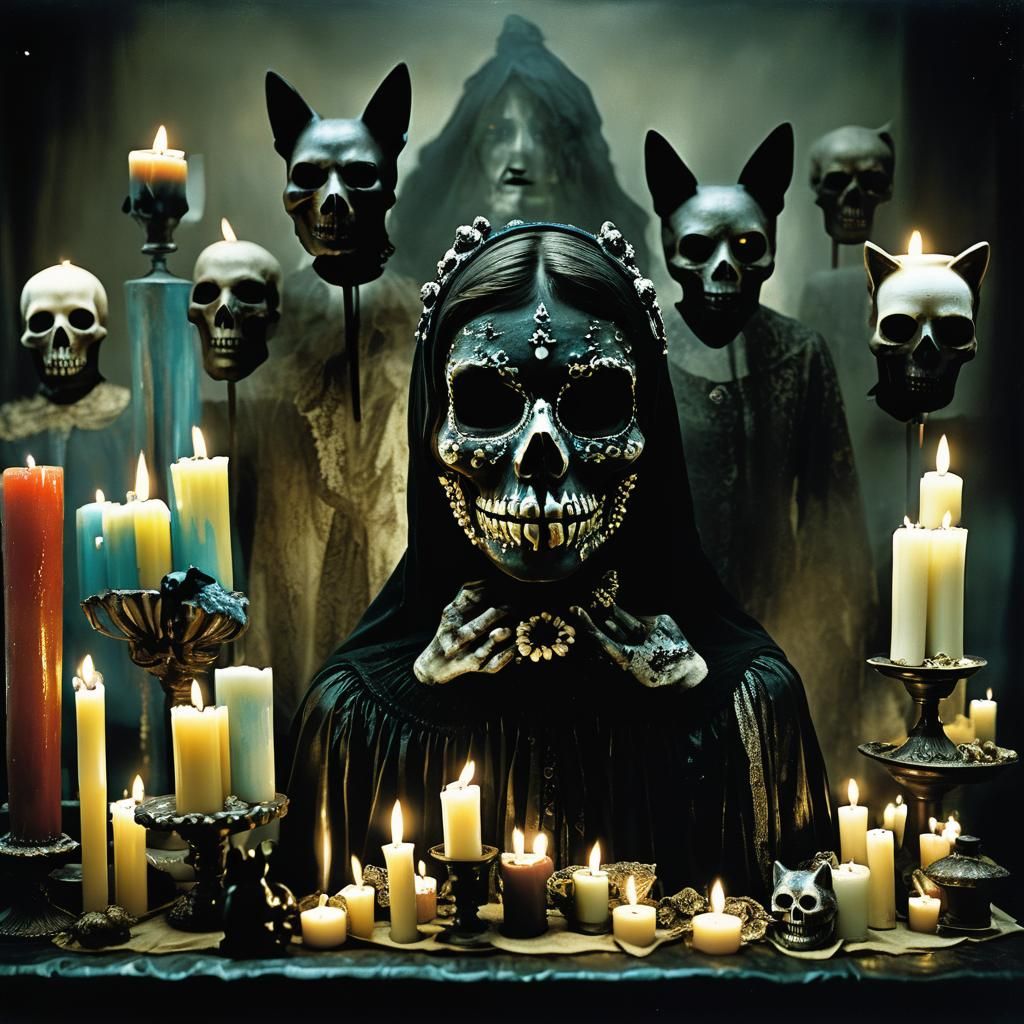 Moody 3D Rendering of Skull Masks and Black Cats
