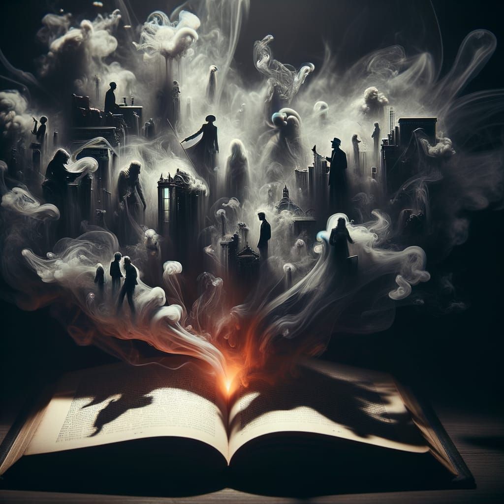 Ghostly Images Emerge from Open Book in Film Noir