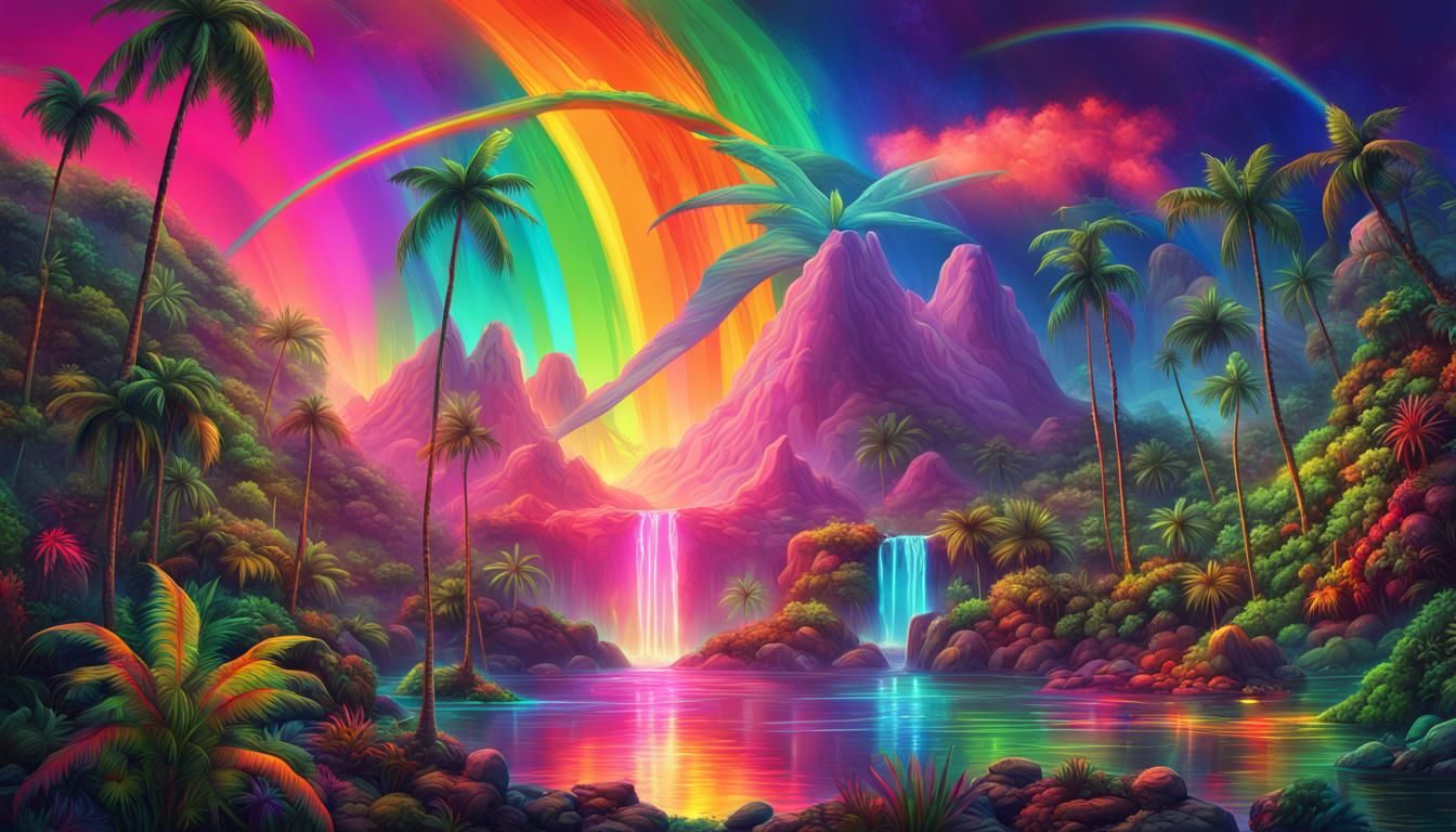 Neon Rainbow Rainforest Dreamscape in Hyperrealistic Style