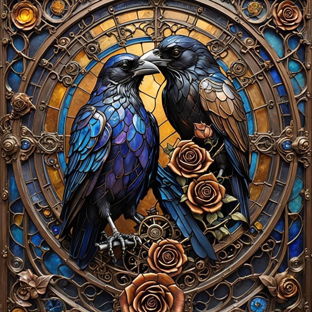 Stained Glass Raven, Skull and Rose in Art Nouveau Style
