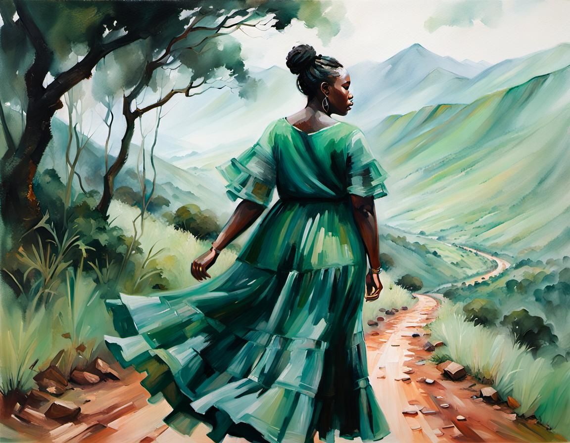 Woman in Green Dress, Burundi Landscape, Oil Painting