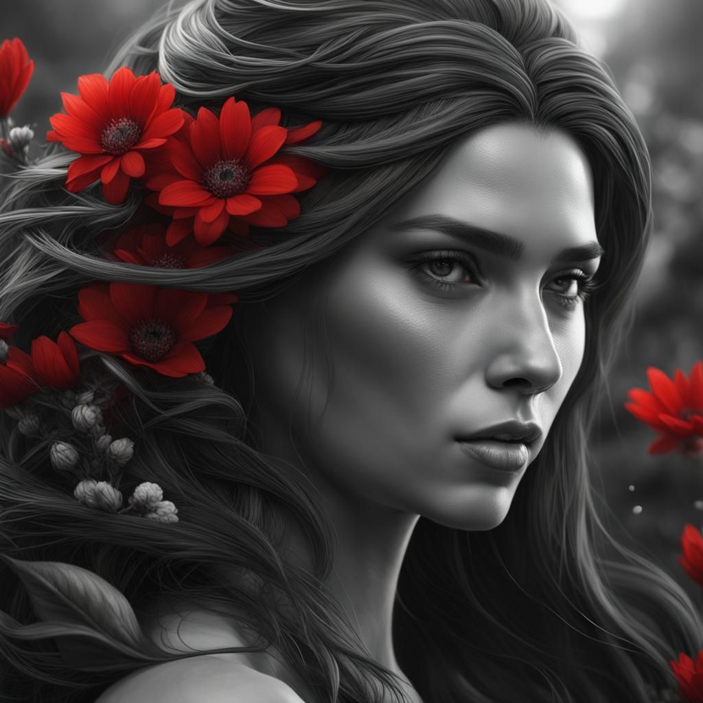 Woman with Red Flowers: Detailed Matte Painting