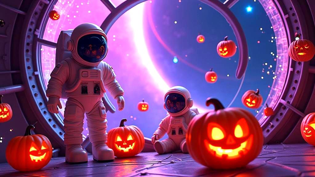 Futuristic Halloween Party in Space with Floating Jack-o'-La...