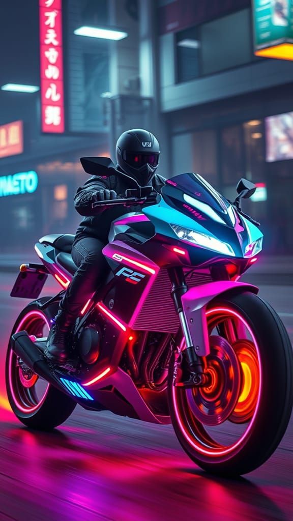 Futuristic Neon Motorcycle Rider in Cyberpunk Style