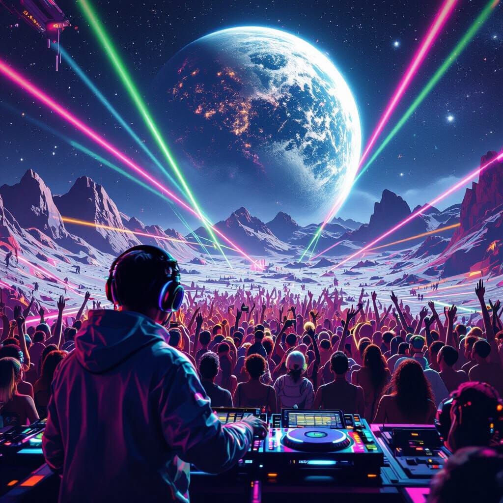 Futuristic Moon Rave with Neon Lights and Earth View