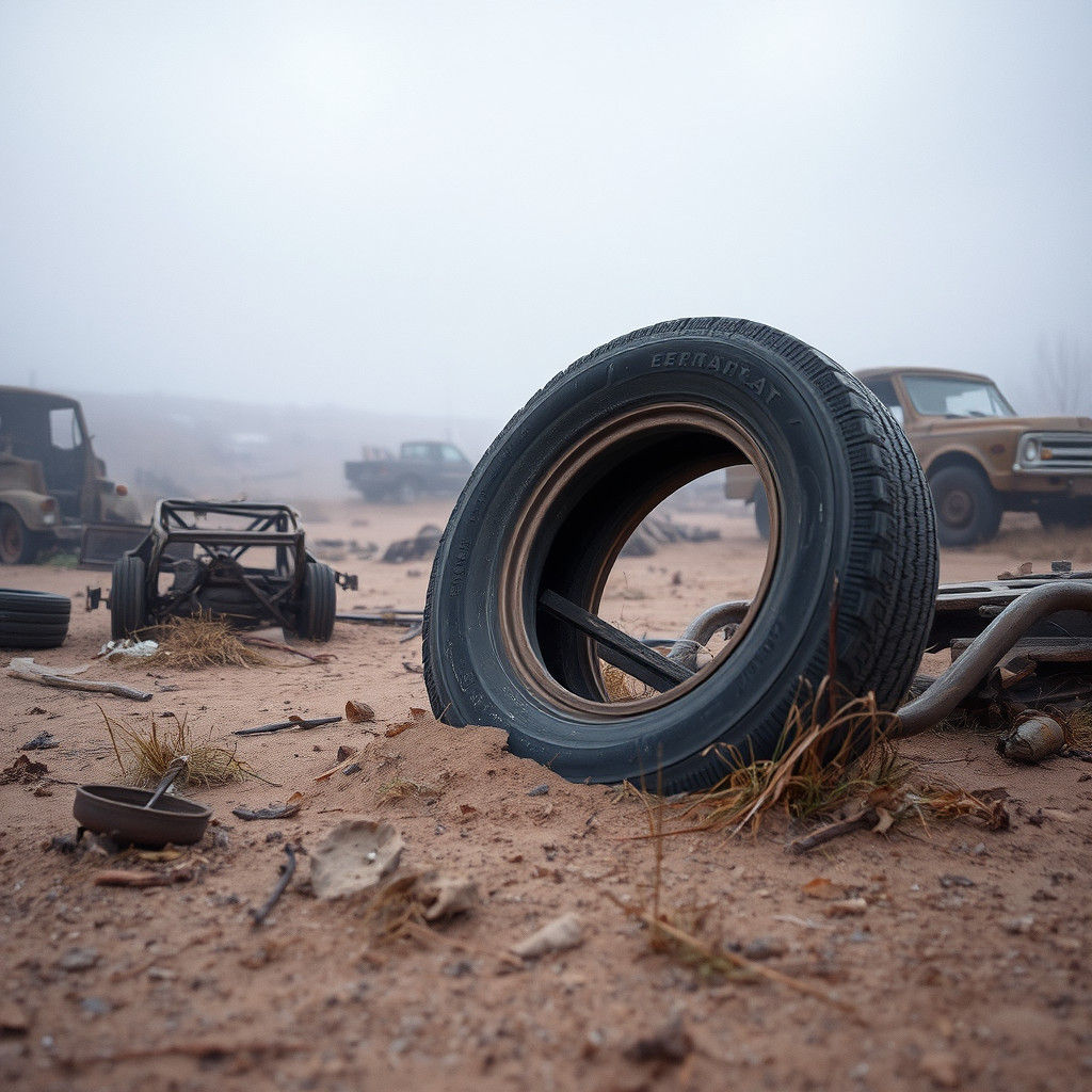 Eerie Junkyard Tire in Rural Landscape Oil Painting