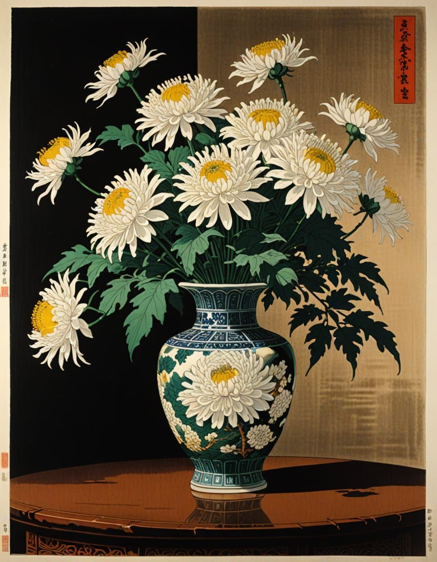 Chrysanthemum in Chinese Vase, Ukiyo-e Style