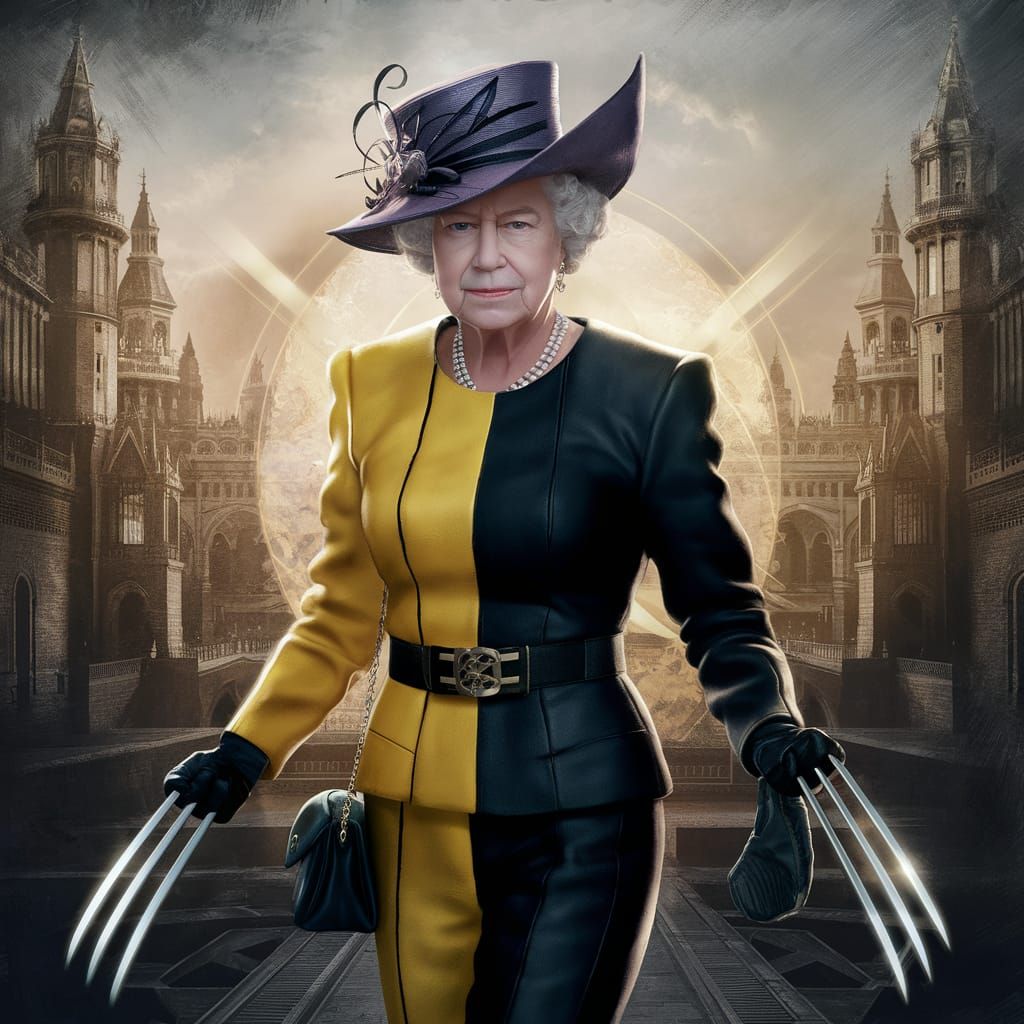 Queen Elizabeth II as Wolverine in Futuristic Cityscape