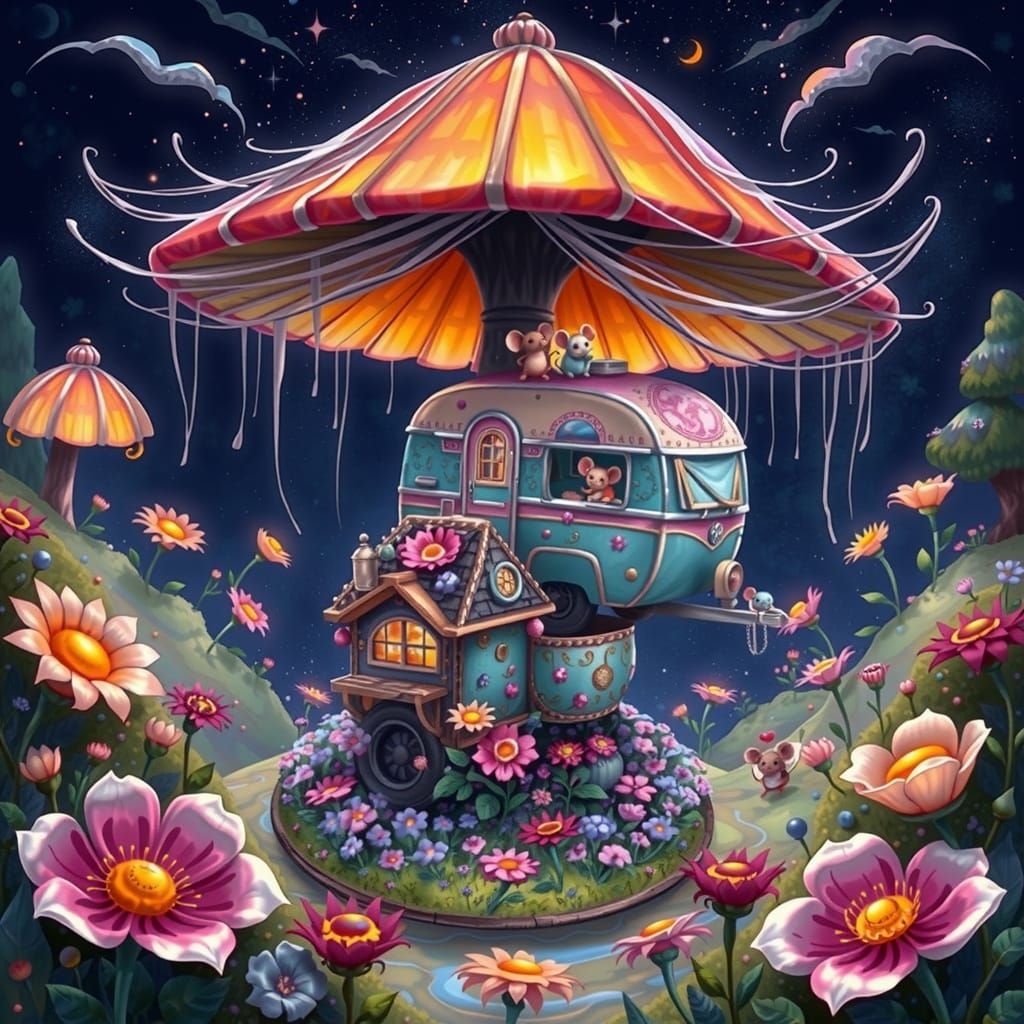 Whimsical Vintage Motorhome in Storybook Landscape