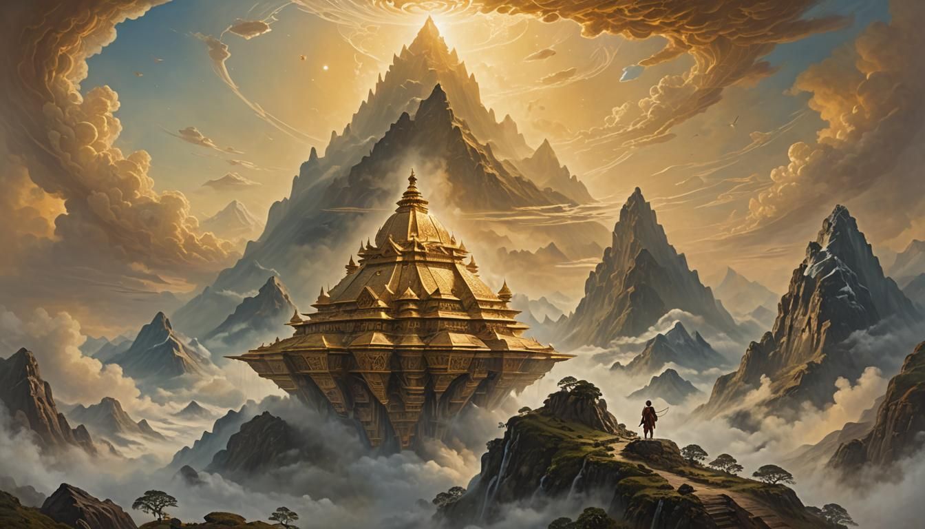 Vimana Over Misty Landscape in Oil Painting Style