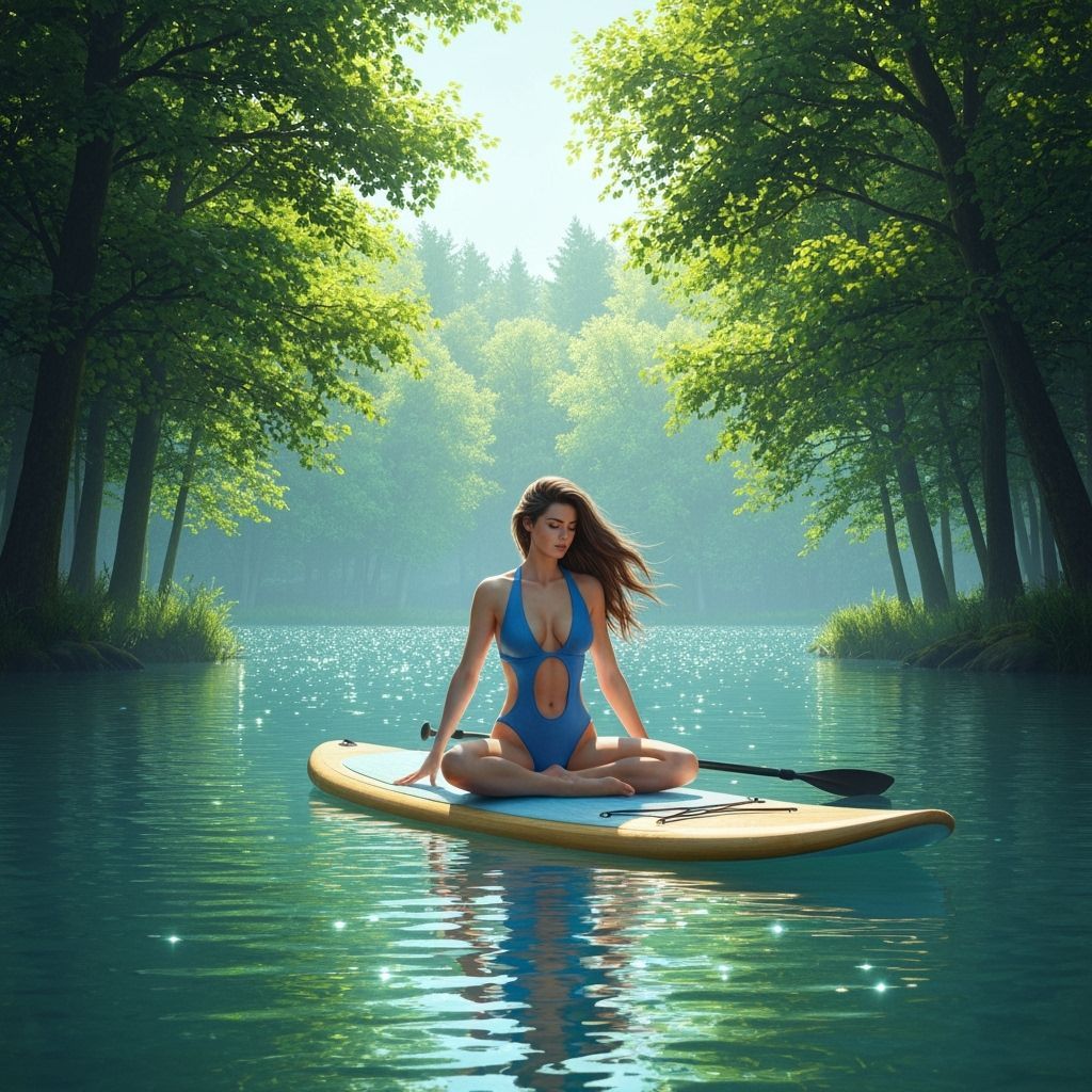 Woman on SUP Board in Serene Lake, Digital Illustration