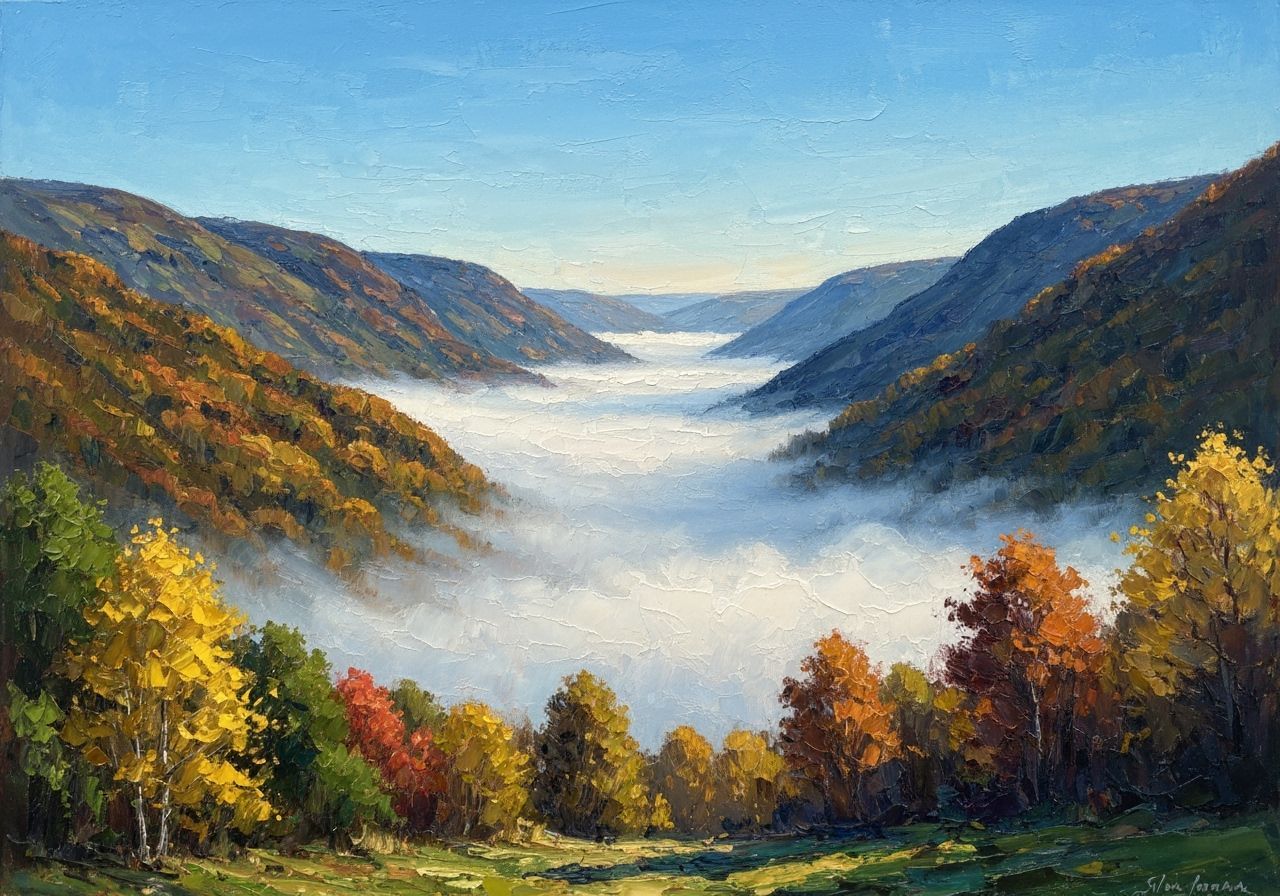 Autumn Valley Fog Landscape with Vibrant Fall Foliage