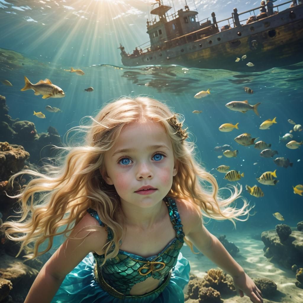 Child Mermaid in Sunken Ship, Underwater Scene