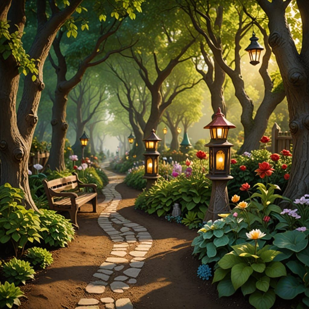 Whimsical Garden Path Scene with Gnomes and Lanterns