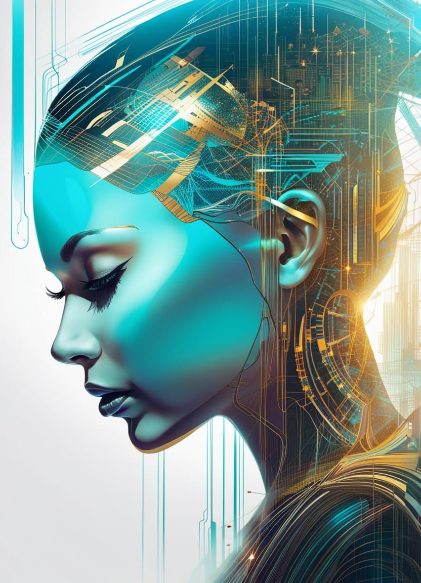 Cyberpunk Woman Profile with Double Exposure Effect