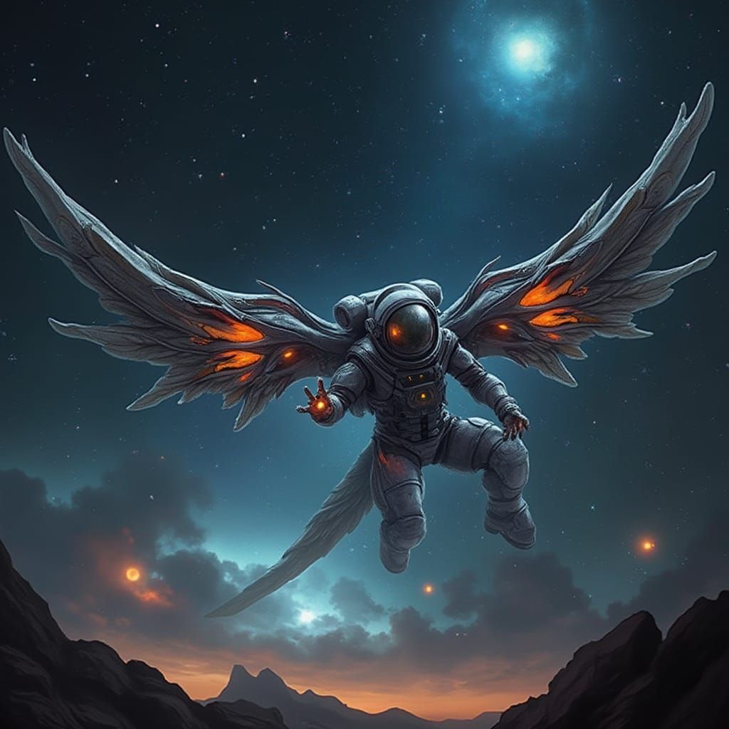 Astronaut with Wings Soaring Through Galaxy