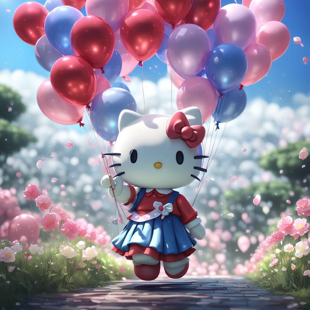 Hello Kitty Holding Balloons: 3D Anime Art