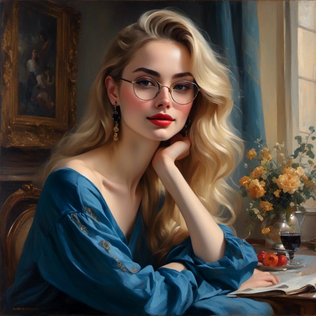 Portrait of Smiling Blonde Woman in Oil Painting Style