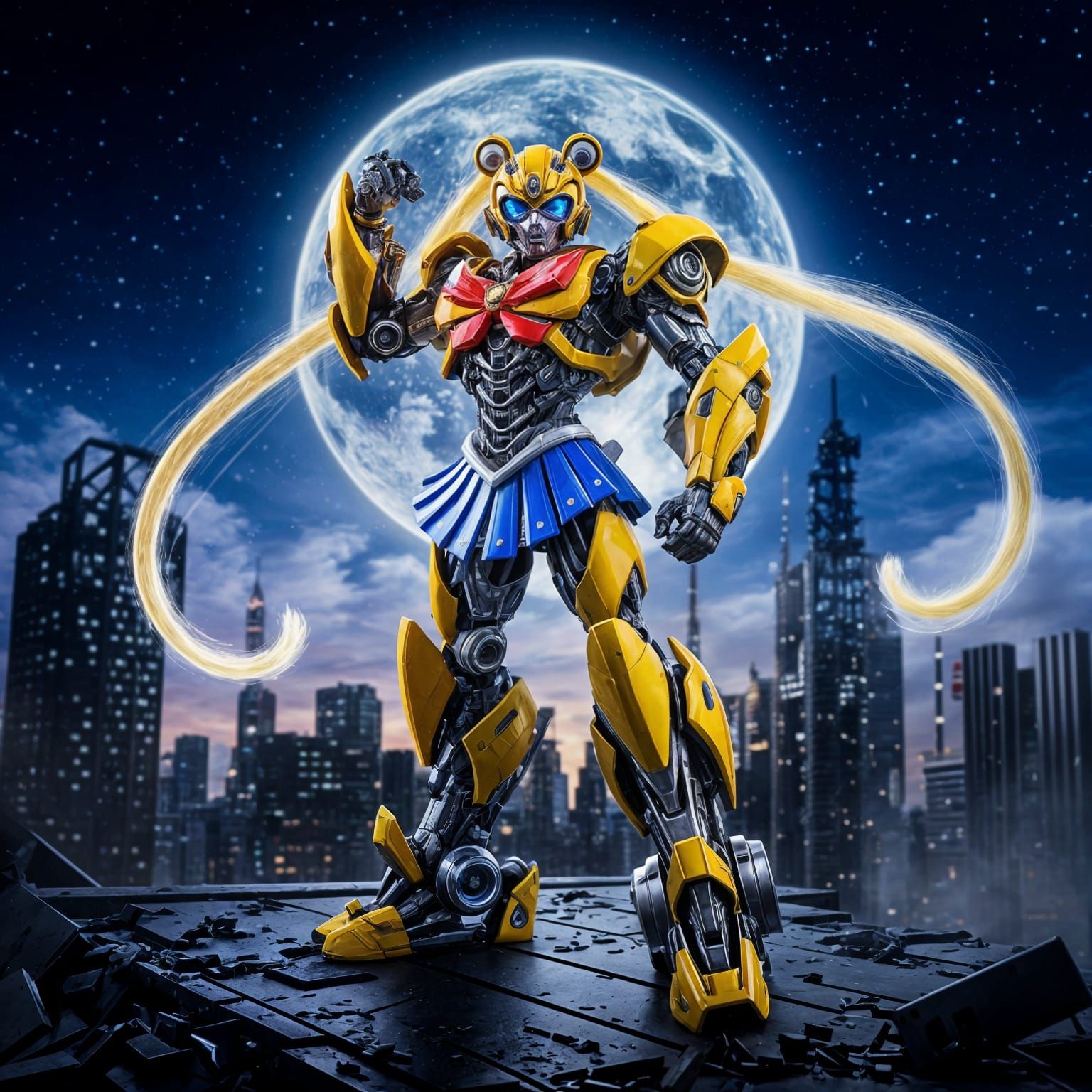 Bumblebee in Sailor Moon Armor on Ruined City Rooftop