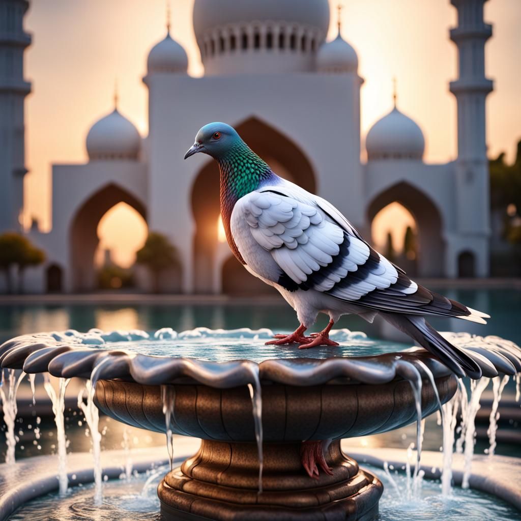 Pigeon at Mosque Fountain: Hyperrealistic Detailed View