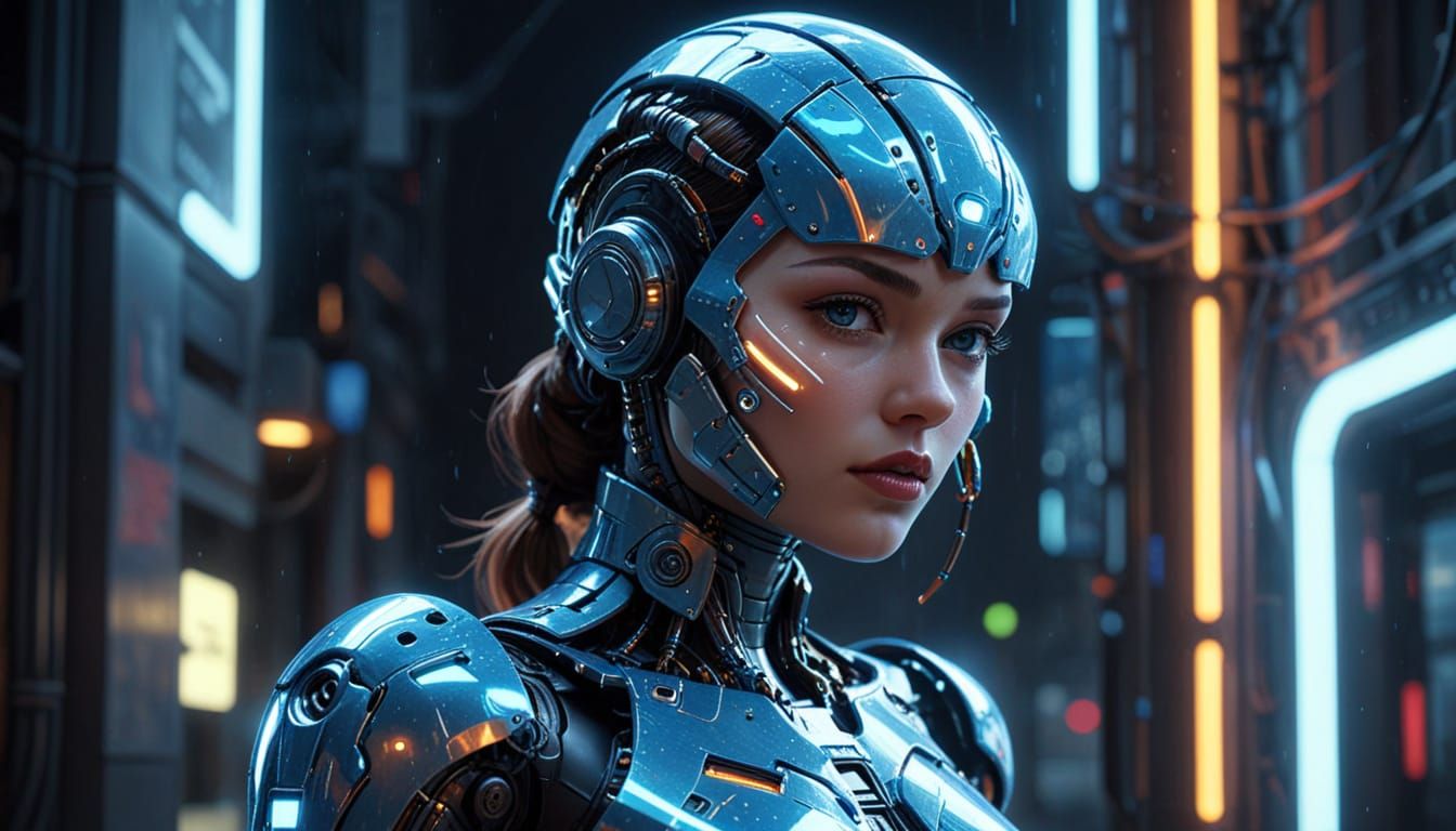 Glamorous Cyberpunk Android in Neon Cityscape