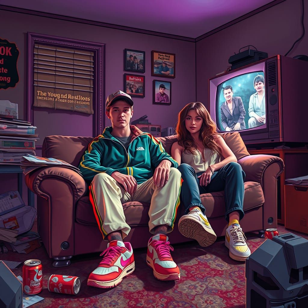 Teenager and Girlfriend Relax in Retro Futuristic Living Roo...