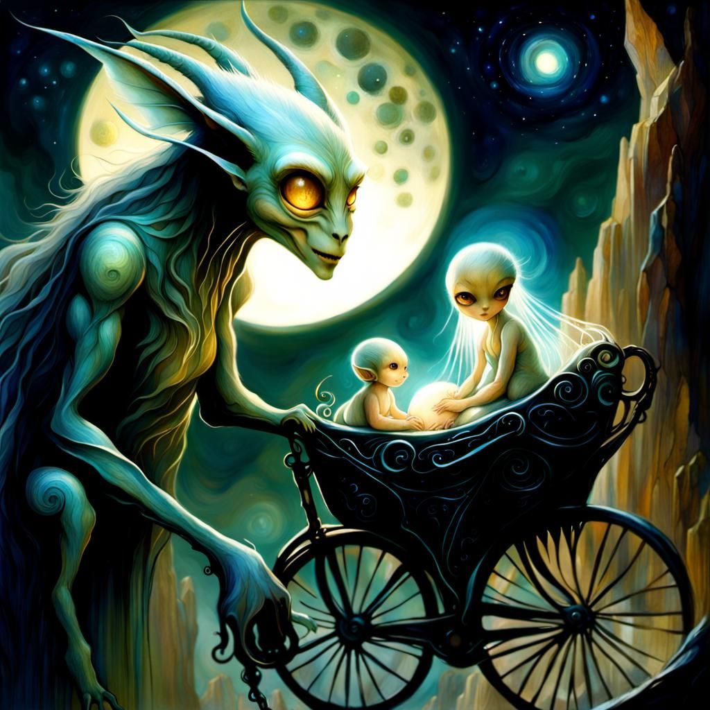 Ethereal Monster Family in Bioluminescent Landscape