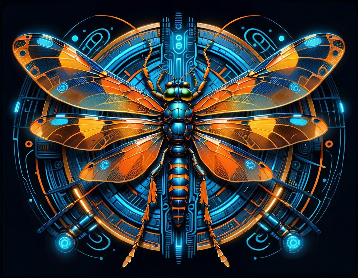 Bioluminescent Cyberpunk Dragonfly with Celtic Runes