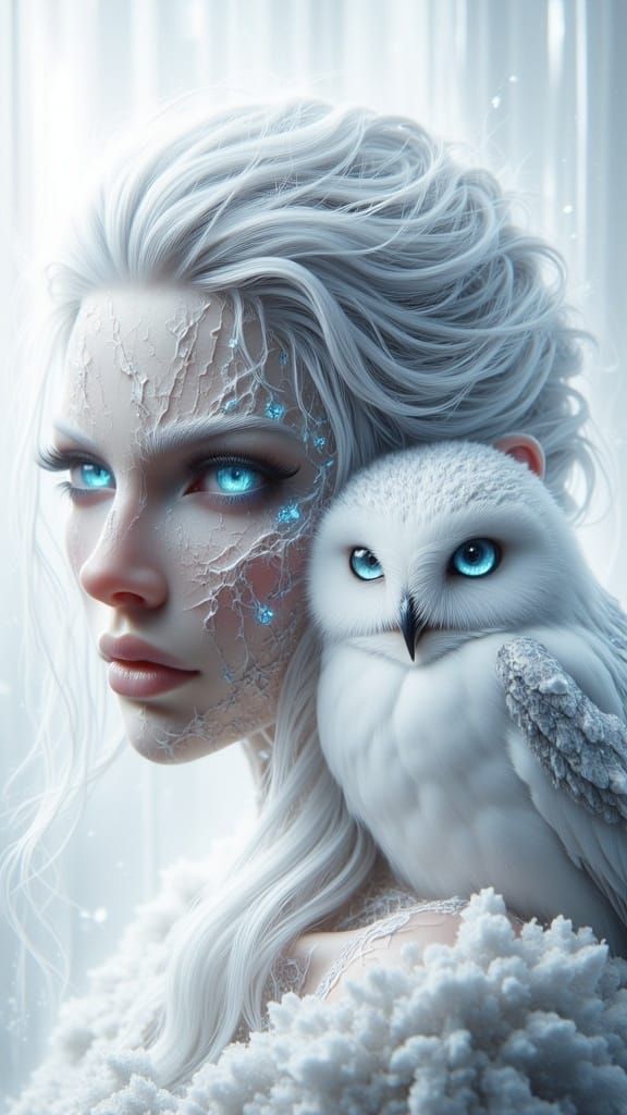 Goddess with Owl and Snowflakes in Sketch Style