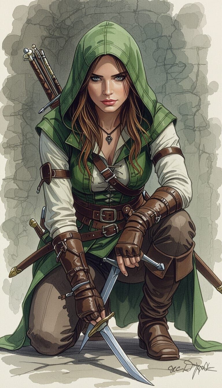 Medieval Fantasy Rogue in Watercolor Pencil Sketch