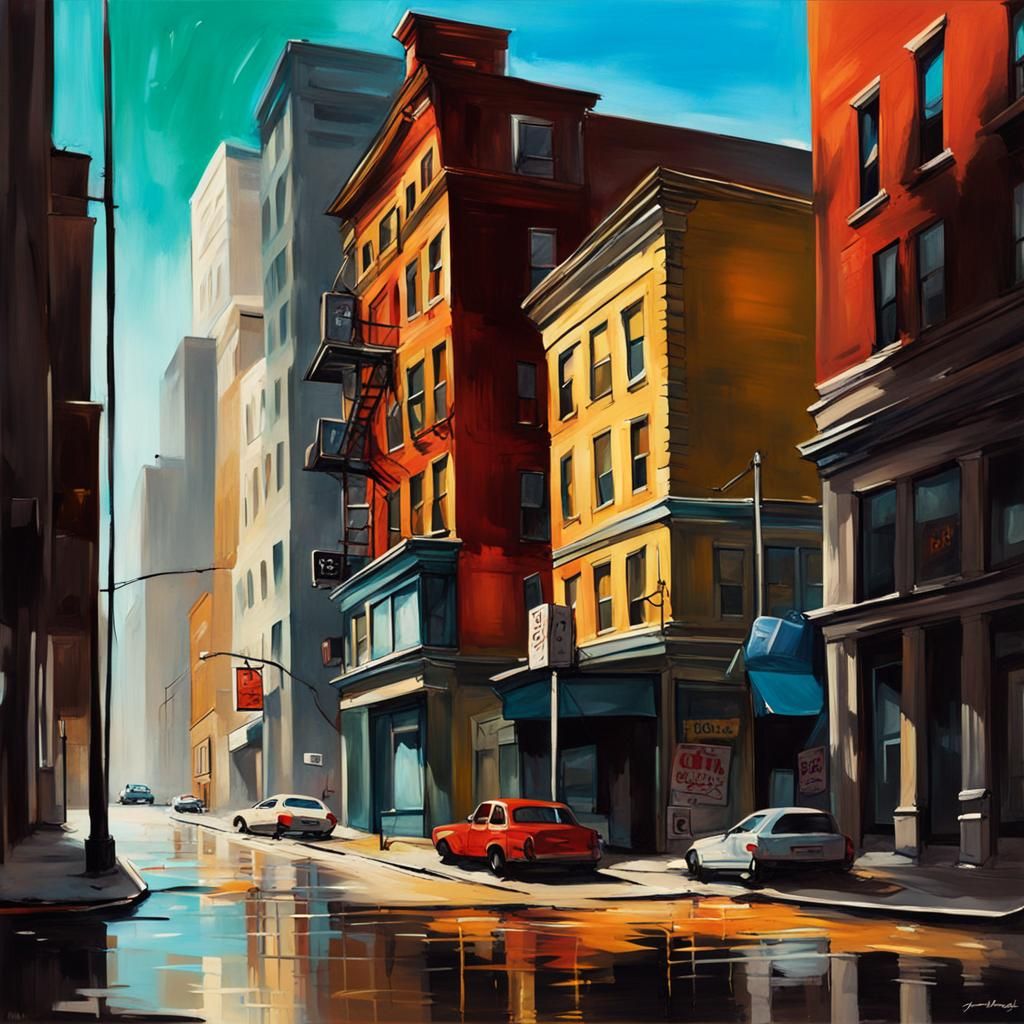 City Corner Meets Universe as Oil Gouache Painting