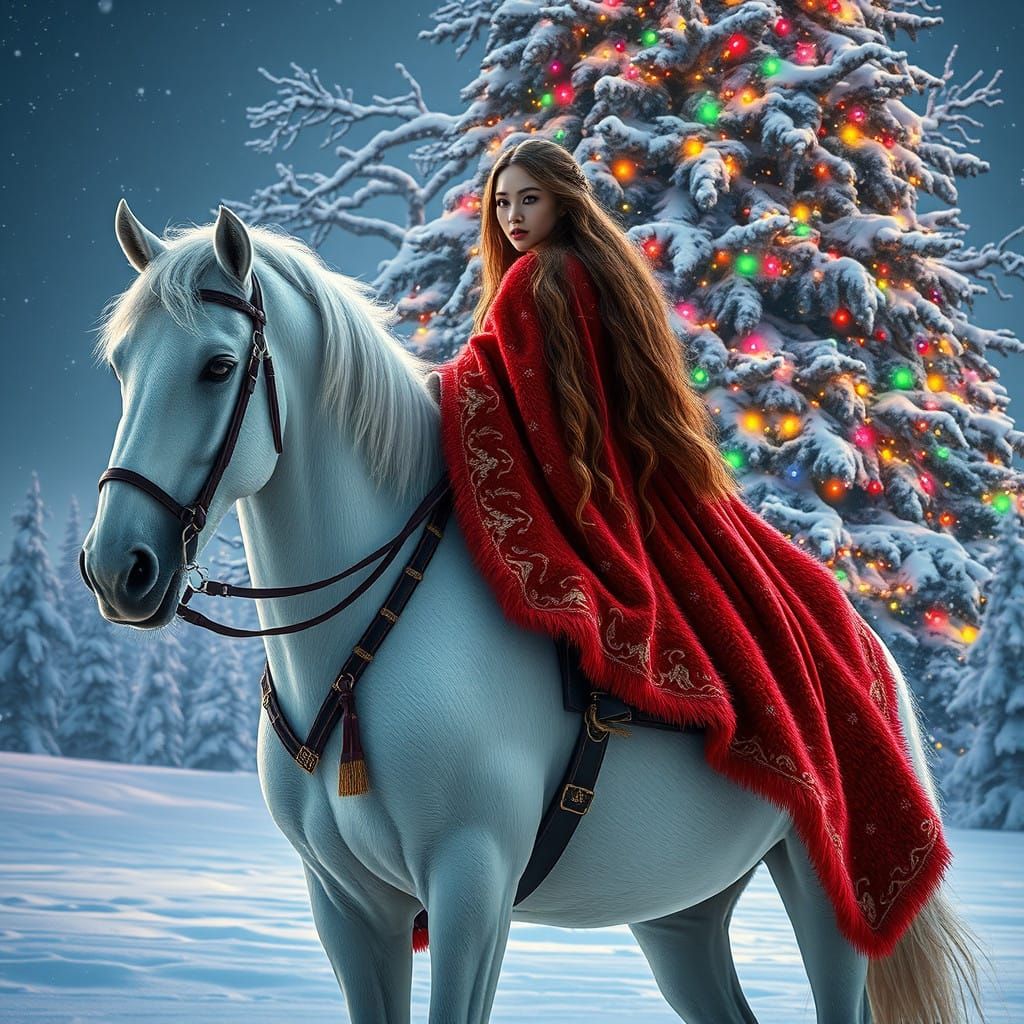 Regal Fantasy Scene with Majestic Woman and Snowy Landscape