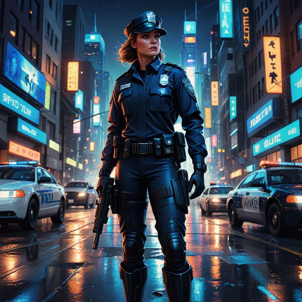 Futuristic Female Police Officer in City Street