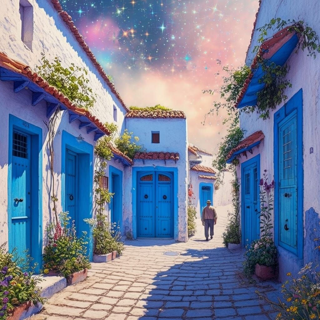 Whimsical Blue Village Scene in Watercolour Style