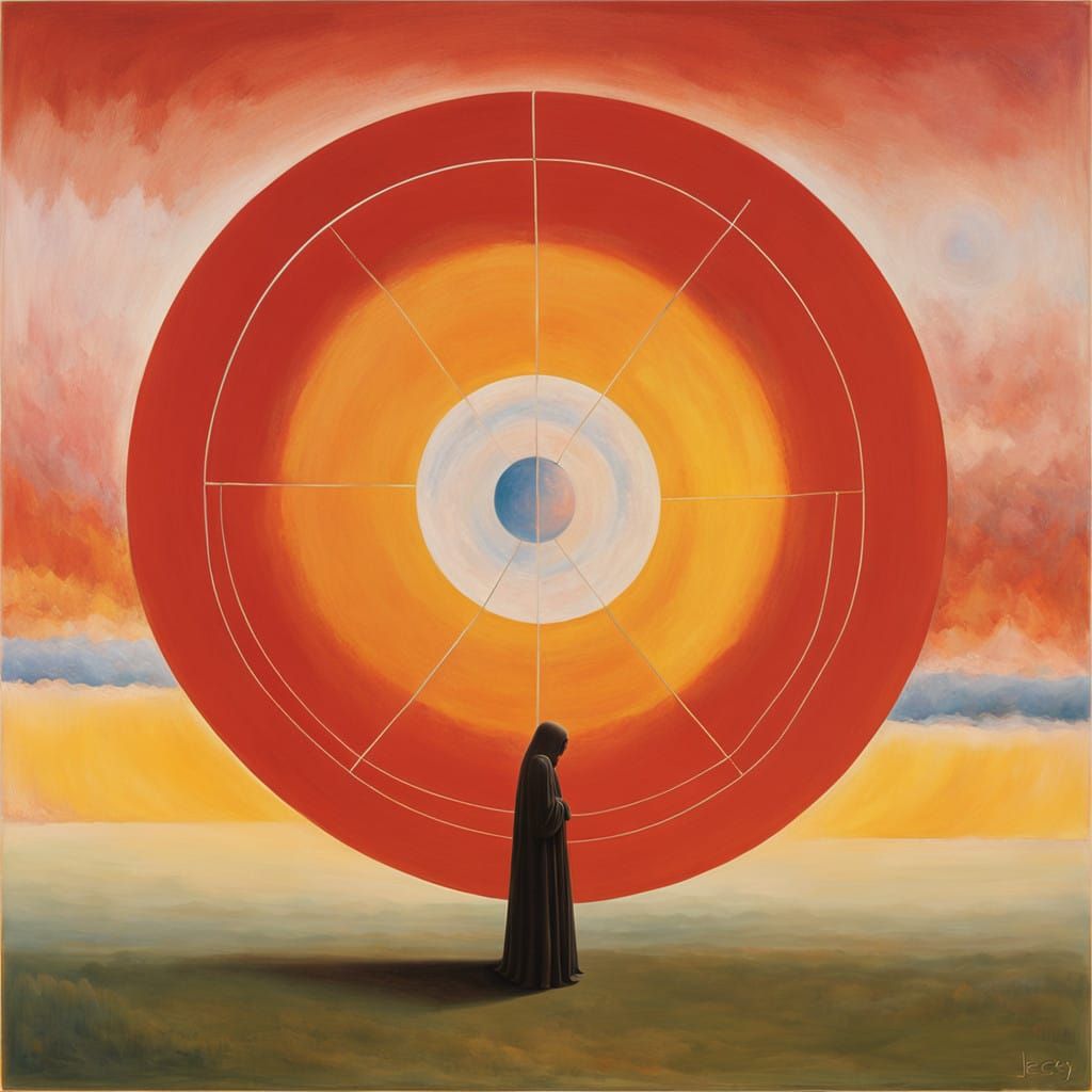 Surreal, Fragmented Goddess Emerging from Sunset Landscape